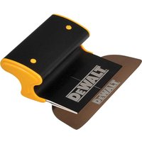 Black and yellow DeWalt plaster skimmer with ergonomic handle and wide metal blade.