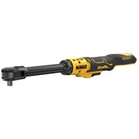Yellow and black DeWalt 18V brushless extended ratchet with ergonomic grip and 3/8-inch drive head.