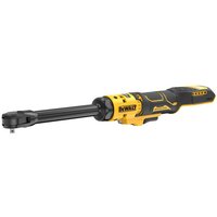 Yellow and black DeWalt 18V brushless extended ratchet with ergonomic grip and 1/4-inch drive head.
