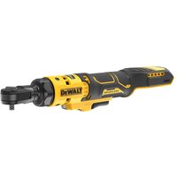 Yellow and black DeWalt 18V brushless cordless ratchet with ergonomic grip and compact design.