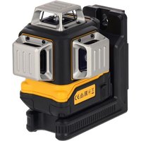Black and yellow DeWalt laser level with USB-C port, featuring 3x360° green beams and a sturdy metal frame.