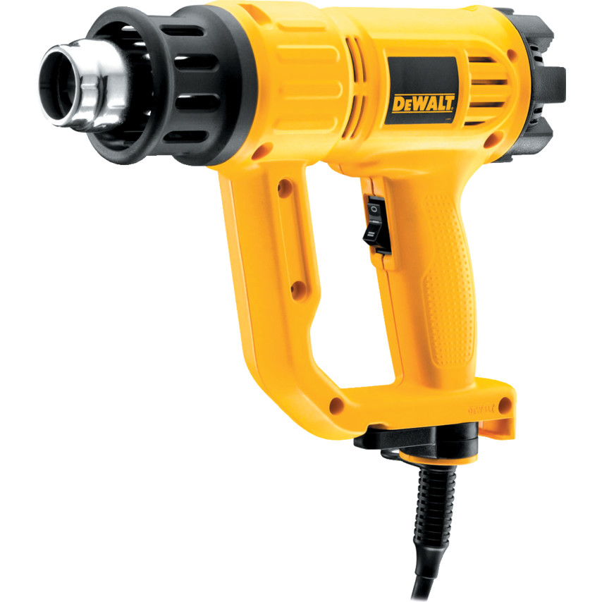 Dewalt 1800W heat gun in bright yellow and black, featuring a textured grip, adjustable temperature settings, and a metal nozzle for precision heating.