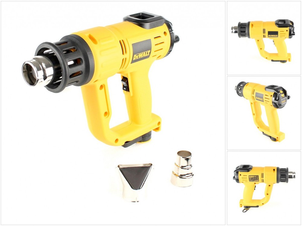 Yellow DEWALT D26414 heat gun with a black nozzle, featuring an LCD display, ergonomic handle, and two metal attachments for different applications.