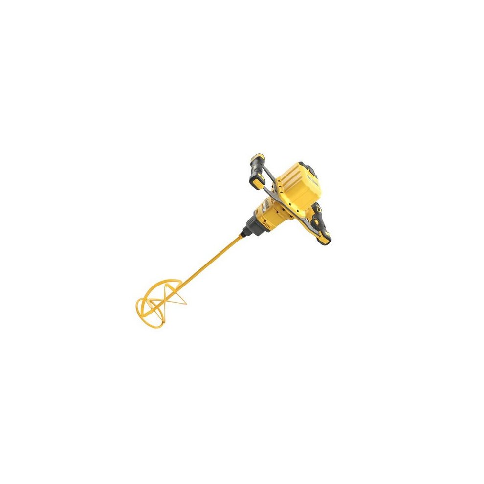 Yellow and black DEWALT DCD240X2 XR FlexVolt paddle mixer with a sturdy handle, a spiral mixing attachment, and a compact design, powered by two 3.0Ah Li-ion batteries.