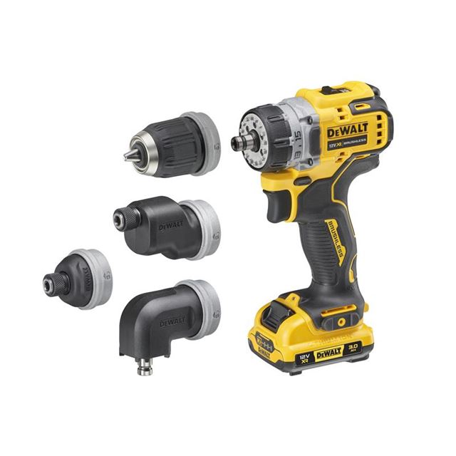 Yellow and black DeWalt DCD703 12V XR cordless brushless multi-head drill driver with interchangeable heads, showcasing a compact design and ergonomic grip.