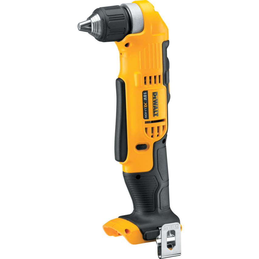 Yellow and black DEWALT DCD740N-XJ XR Right Angle Drill features a compact design, ergonomic grip, and a metal chuck, ideal for tight spaces and heavy-duty tasks.