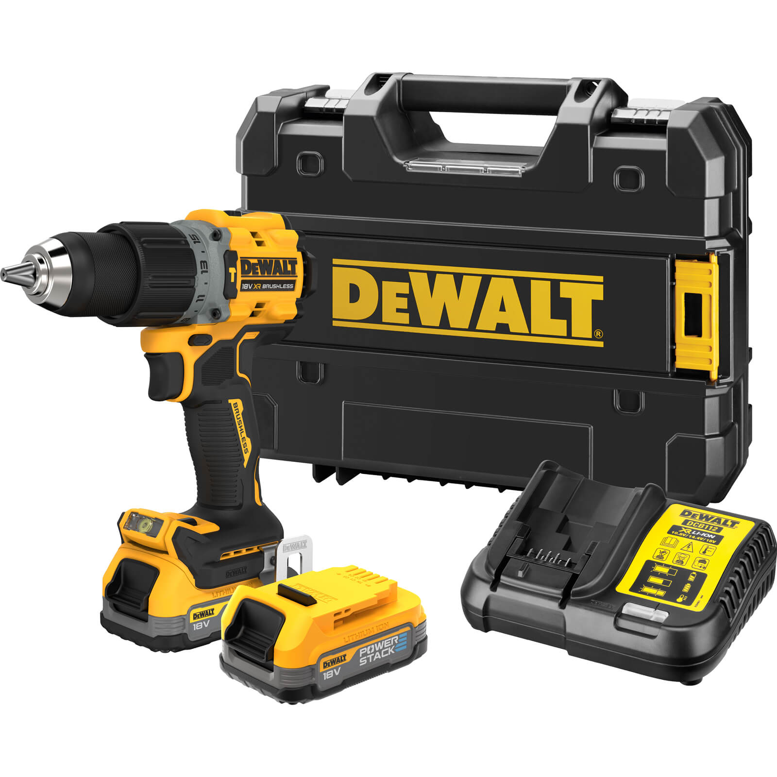 Yellow and black DEWALT DCD805E2T XR BL G3 Combi drill with a keyless chuck, two 1.7Ah batteries, charger, and a sturdy carrying case featuring the DEWALT logo.