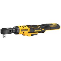 Yellow and black DeWalt 18V XR 1/2in open head ratchet with ergonomic grip and compact design.