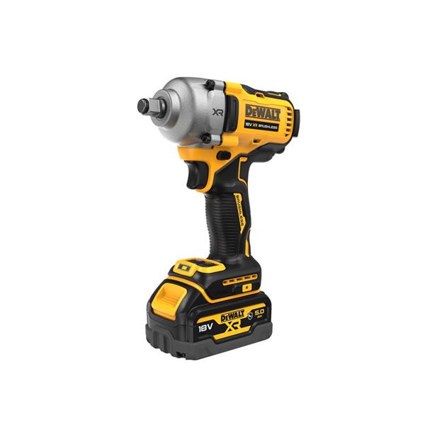 DEWALT DCF891P2T XR BL 1/2in Hog Ring Anvil Impact Wrench features a yellow and black design, ergonomic grip, and a silver hog ring anvil for easy socket changes.