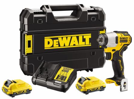 DEWALT DCF902D2 XR Brushless Sub-Compact 3/8in Impact Wrench in yellow and black, with two yellow batteries and a charger, all housed in a sturdy black carrying case.