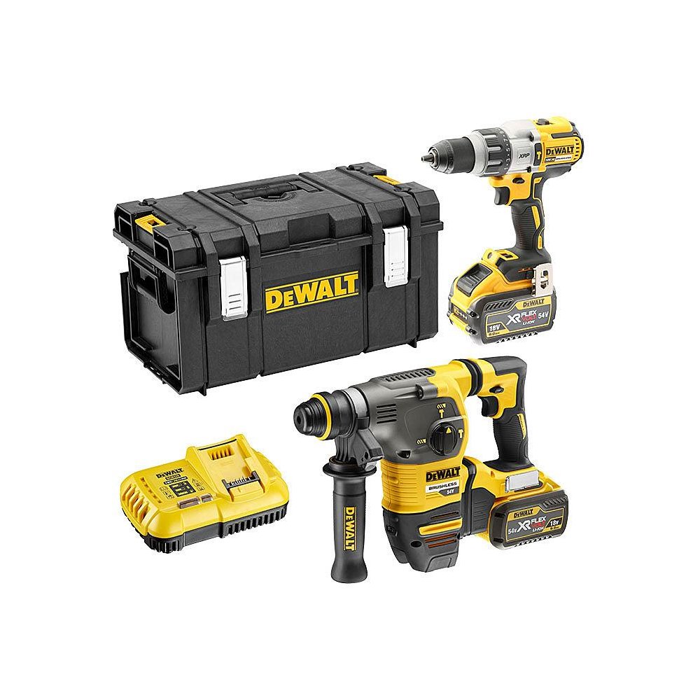 DEWALT DCK2033X2 FlexVolt XR Twin Pack includes a black storage case, a yellow and black drill, a hammer, and a battery charger with two batteries (9.0Ah and 3.0Ah).