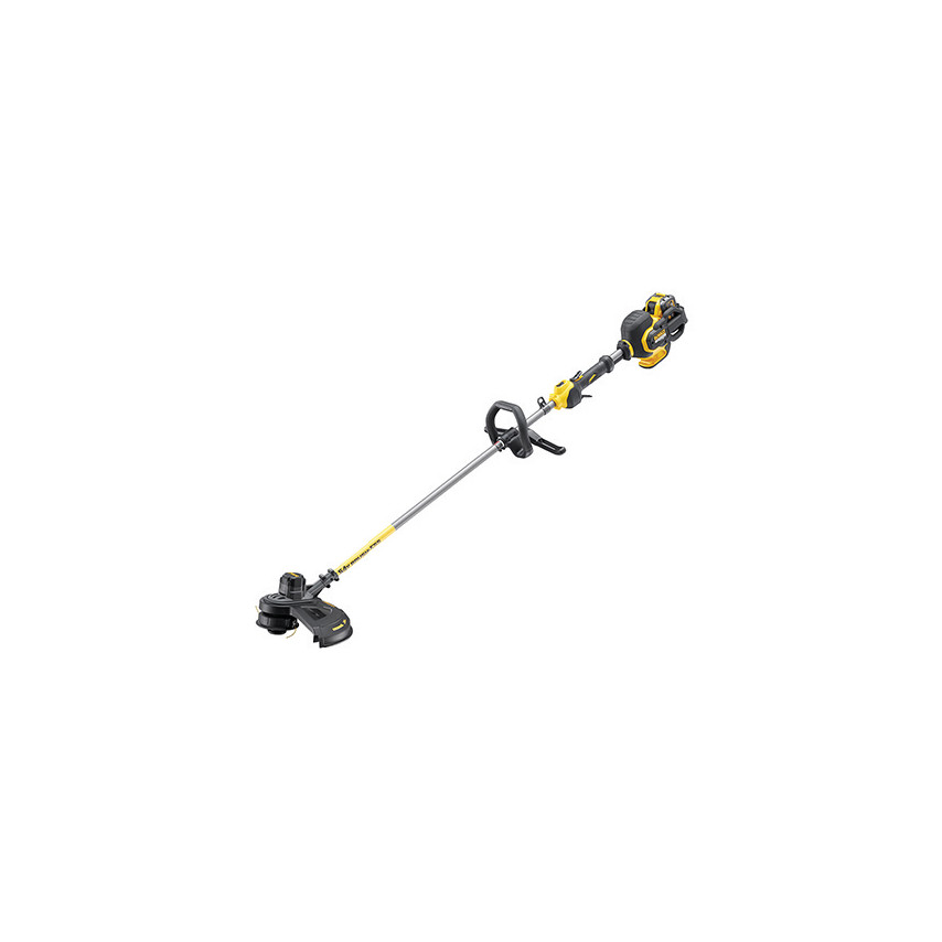 DEWALT DCM571X1 FlexVolt XR Trimmer features a yellow and black design, a long aluminum shaft, ergonomic handle, and a cutting head with a dual-line spool for efficient trimming.