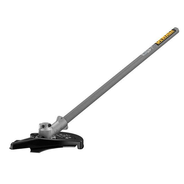 Dewalt 54V XR FlexVolt brushless splitboom brush cutter attachment features a grey metal shaft, black cutting head, and ergonomic design for efficient trimming and edging.