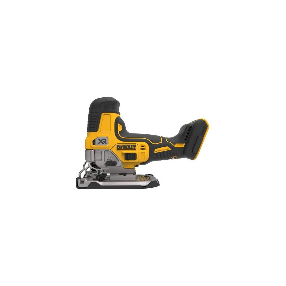 DEWALT DCS335N XR brushless jigsaw in yellow and black, featuring a body grip design, adjustable speed settings, and a sturdy base for precise cutting.