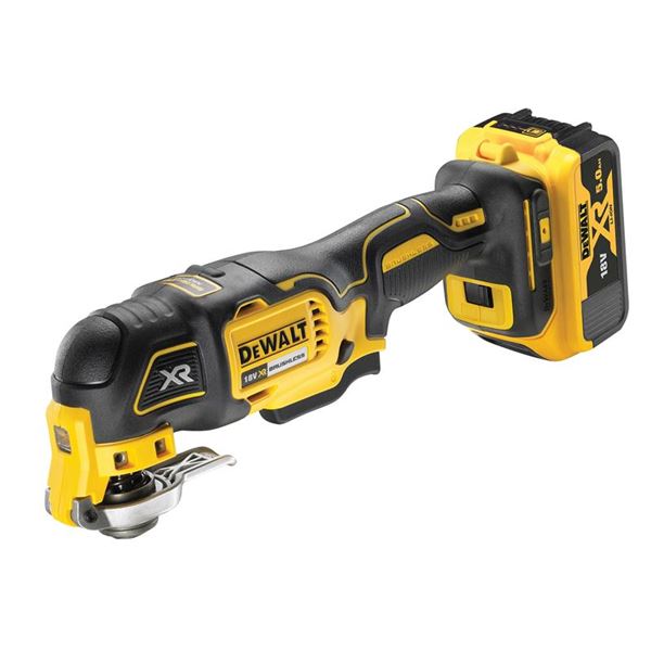 DEWALT DCS356P2 XR oscillating multi-tool features a black and yellow design, ergonomic handle, and a 5.0Ah Li-ion battery, ideal for various cutting and sanding tasks.