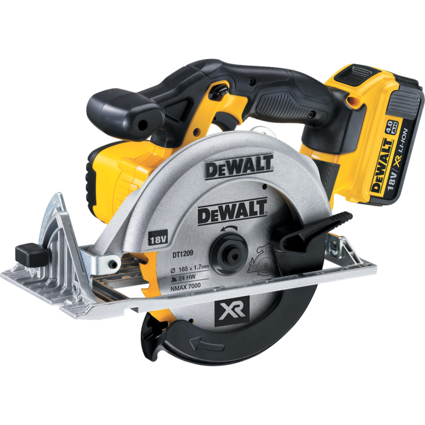 DEWALT DCS391M2 circular saw features a yellow and black design, a 165mm blade, and a robust metal base, powered by an 18V battery with two 4.0Ah Li-Ion packs.