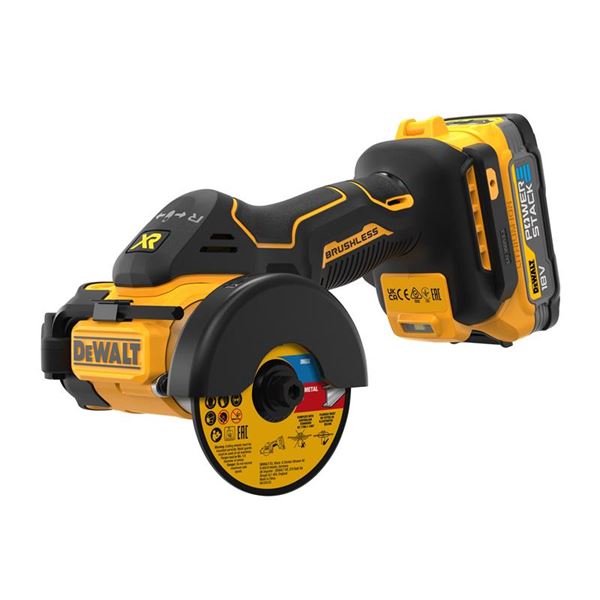 Dewalt cordless brushless cut-off saw in yellow and black, featuring a 76mm blade, two 1.7Ah Powerstack batteries, and ergonomic grip for easy handling.