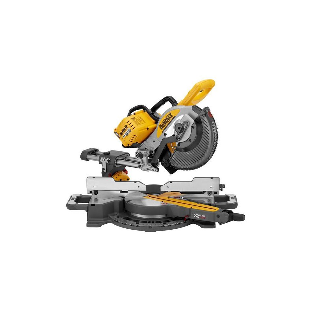 DEWALT DCS727T2 XR FlexVolt Slide Mitre Saw features a yellow and gray design, a 250mm blade, and a robust base, showcasing its powerful 54V battery system and dual 2.0Ah Li-ion batteries.