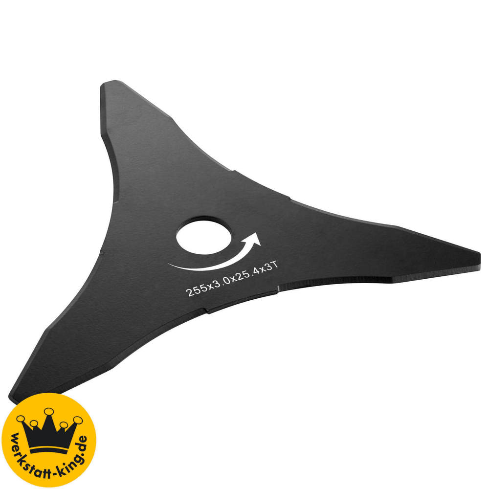 Black tri-blade brushcutter blade with three pointed edges, featuring a central hole for attachment, marked with dimensions 255x3.0x25.4-3T.