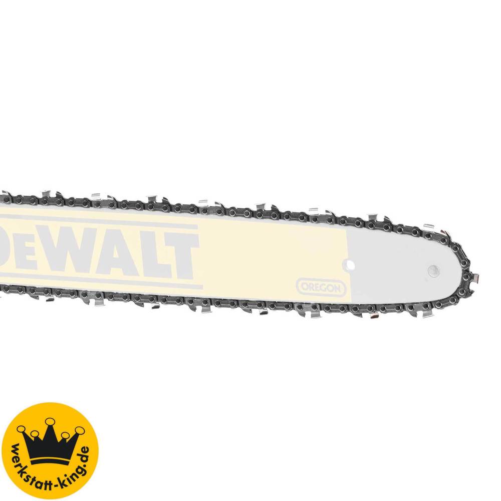 DEWALT DT20663 Oregon® chainsaw chain features a 40cm (16in) length, with a metallic chain and a yellow and black branded guide bar.