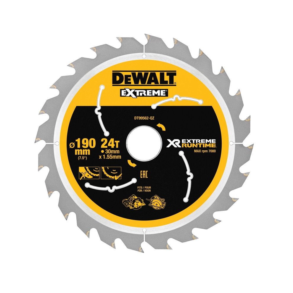 DEWALT FlexVolt XR circular saw blade with a 190mm diameter, 30mm bore, 24 teeth, featuring a yellow and silver design with clear markings for specifications.