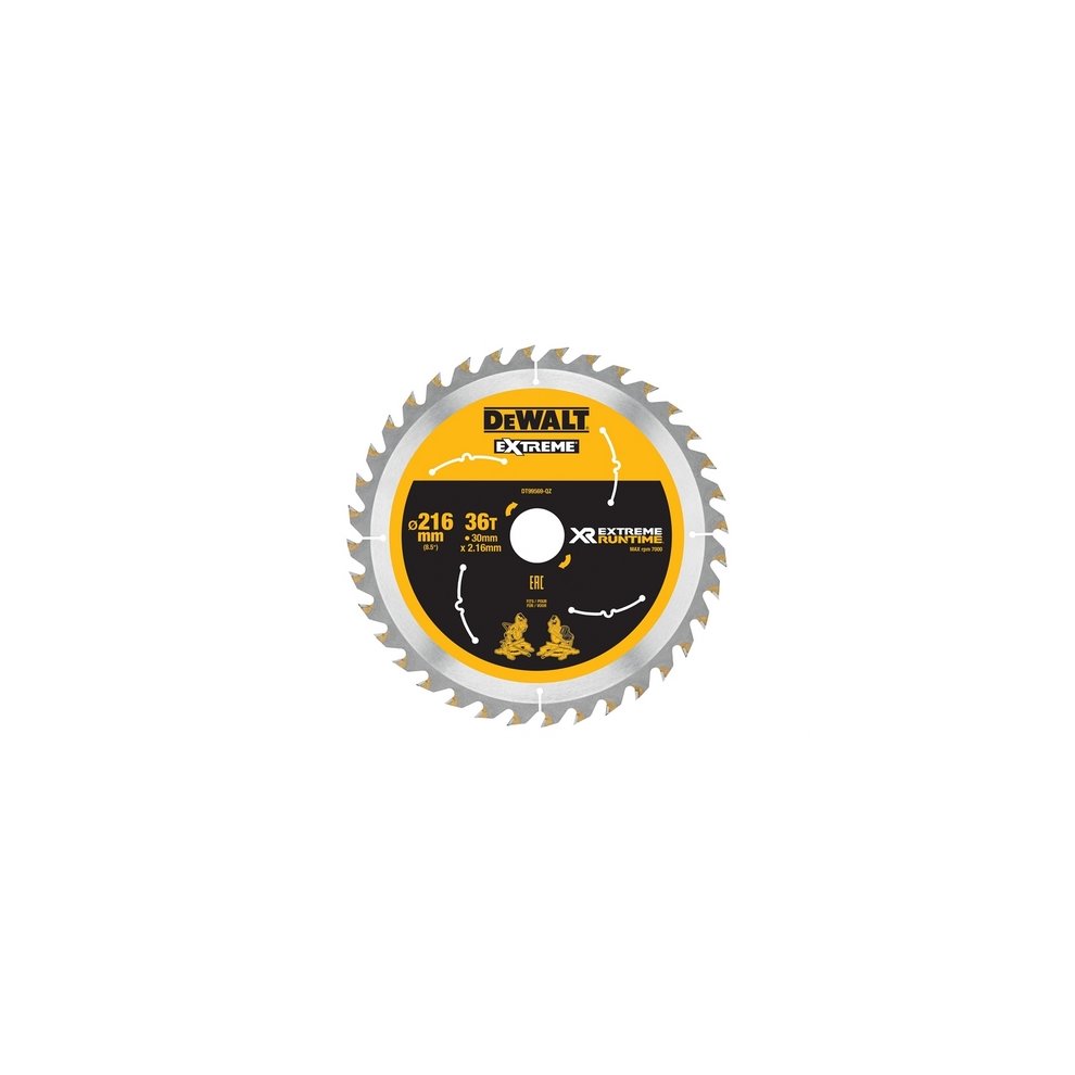 DEWALT FlexVolt XR circular saw blade with a 216mm diameter, 30mm bore, and 36 teeth, featuring a yellow and black design with sharp, silver carbide tips.