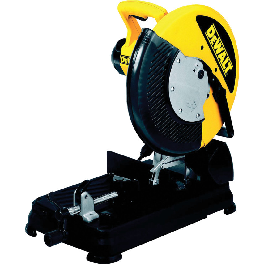 DeWalt DW872 Dry Metal Saw features a yellow and black design, a 355mm cutting blade, and a sturdy base for stability during metal cutting tasks.