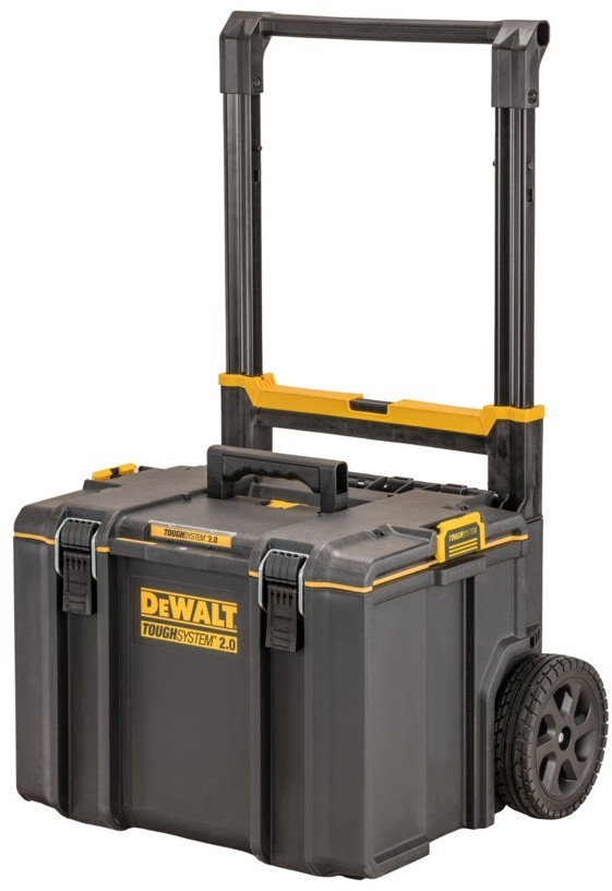 Black and yellow plastic tool box with a single drawer, wheeled design, retractable handle, and sturdy construction, measuring 685 mm x 500 mm x 554 mm, branded with DeWALT logo.