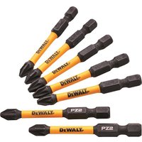 Yellow and black DeWalt impact bits Pz2 x 50mm, set of 7, with hex shank and durable construction.
