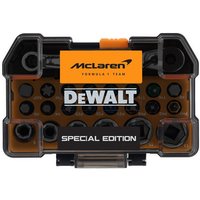 Dewalt 24-piece screwdriving and socket set in black and orange case with McLaren branding and clear lid.