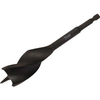Black DeWalt Extreme Tri-Flute Spade Bit, 28x152mm, with sharp pointed tip and spiral design for efficient drilling.