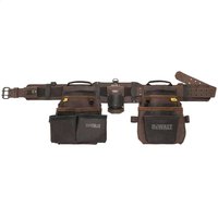 DeWalt Pro 18 Pocket Leather Tool Belt Rig, dark brown leather with multiple pockets and adjustable buckle strap.