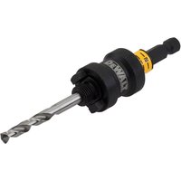 Dewalt black and silver quick change arbor with drill bit, yellow accent, compatible with 14mm-30mm hole saws.