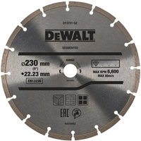 DeWalt segmented diamond cutting disc, silver with black text, 230mm diameter, central hole, serrated edge.
