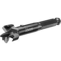 Black DeWalt Self Feed Wood Forstner Drill Bit with hex shank and sharp cutting edges, marked with "25mm".