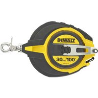 Yellow and black DeWalt steel long tape measure with a metal hook and 30m/100ft measurement marking.