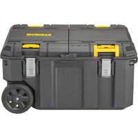 Black DeWalt TSTAK job chest with yellow accents, metal latches, and large wheels for easy transport.