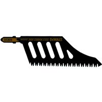 Black DeWalt T142HB jigsaw blade with serrated edge and yellow branding for wood cutting.