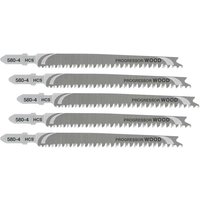 Set of five DeWalt T234X HCS jigsaw blades with silver finish and sharp, progressive teeth for wood cutting.