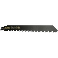 Black DeWalt TCT reciprocating saw blade with jagged edge and branding on the side.