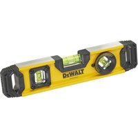 Yellow DeWalt torpedo spirit level with three vials, black rubber end caps, and a magnetic base.