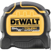 Black and yellow DeWalt ToughSeries tape measure, 5m/16ft, with rugged casing and prominent logo.