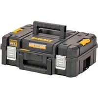 Black DeWalt TSTAK V2 stackable tool box with yellow latches, sturdy handle, and modular design for easy storage.