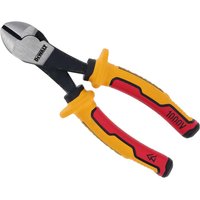 DeWalt VDE insulated diagonal cutting pliers with red and yellow grips, black cutting edges, and safety insulation.