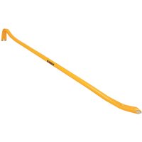 Yellow DeWalt wrecking bar with curved claw and flat chisel end.