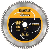 Round DeWalt XR FLEXVOLT mitre saw blade, silver teeth, black and yellow center with branding and specifications.