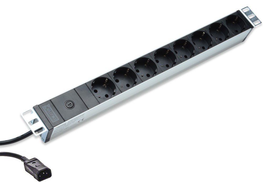 Aluminum outlet strip featuring 8 safety outlets, a pre-fuse, and a 2-meter power cable, designed for durability and efficiency in power distribution.