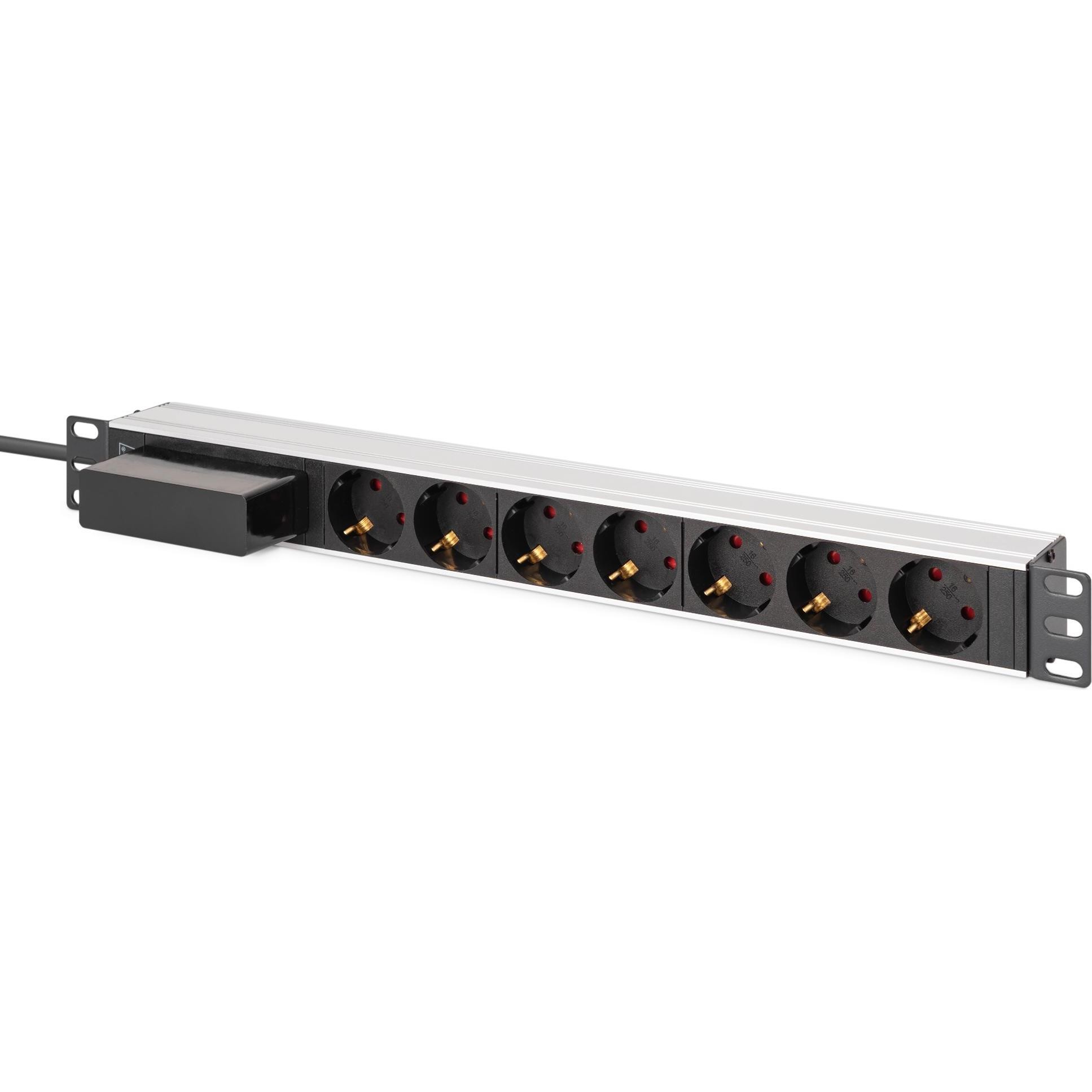 Aluminum 7-way socket strip by Digitus featuring a black circuit breaker, multiple black outlets with red indicators, and a sleek silver finish.
