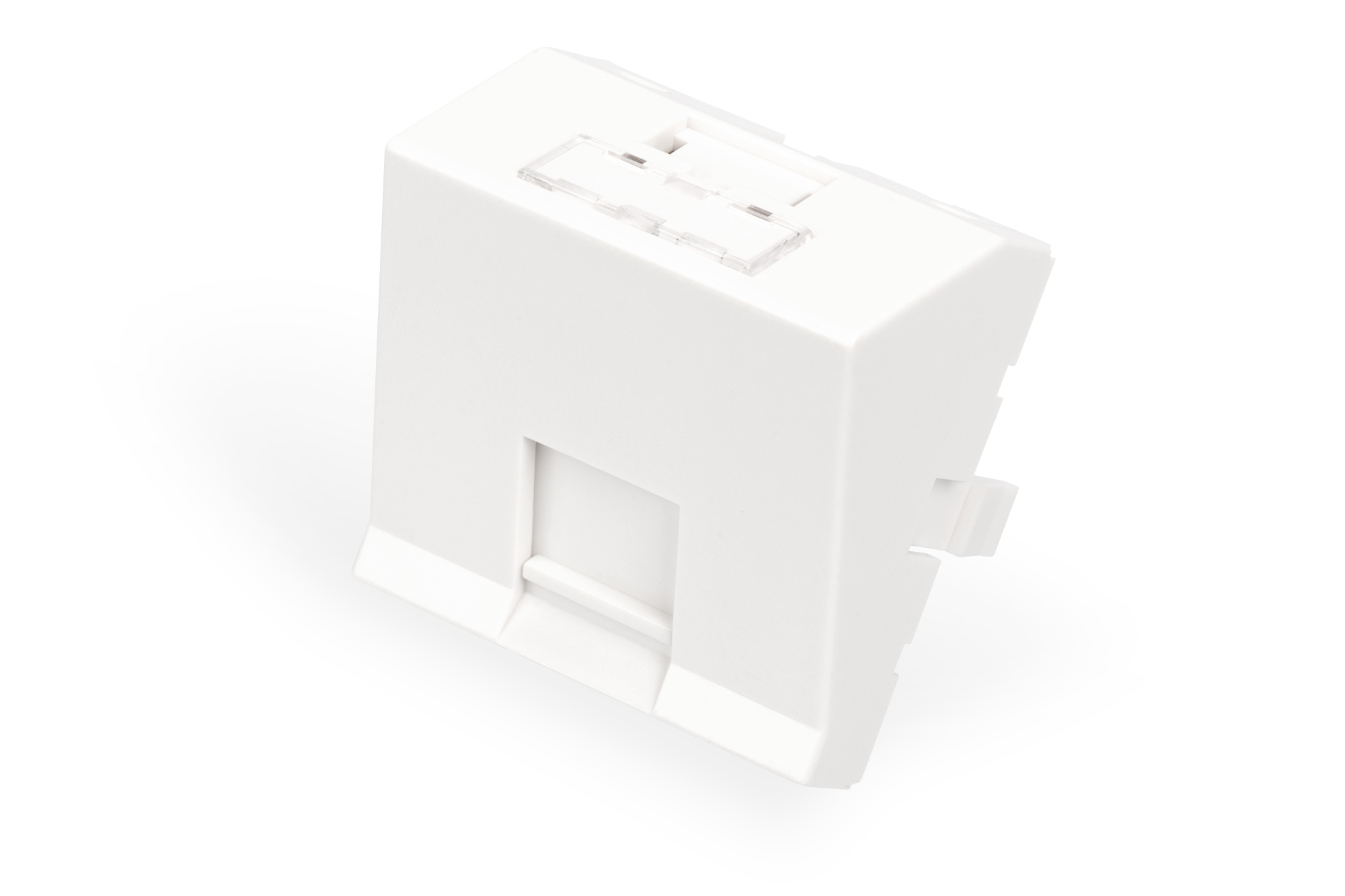 White angled face plate with one port, measuring 45 x 45 mm, designed for frame DN-93802-5-S, featuring a sleek plastic finish and a clear label area.
