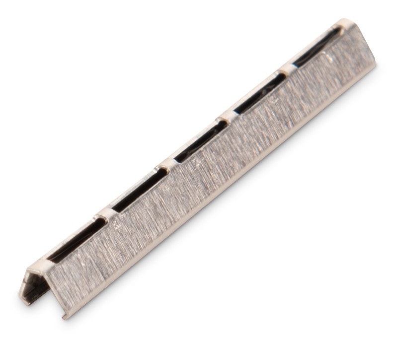 Silver metal crimp splice protection strip with five slots, designed for fiber optic cables, featuring a sleek, durable finish, packaged as a set of 15 strips.
